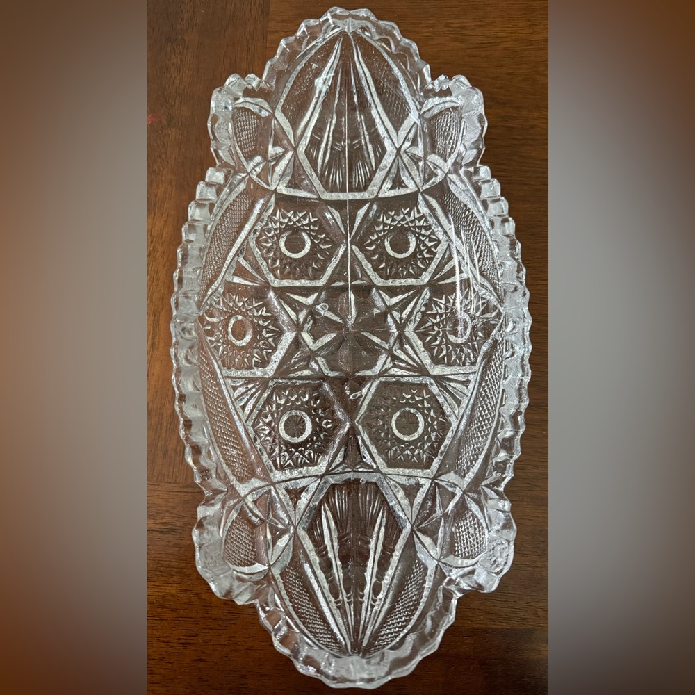 IMPERIAL GLASS RELISH DISH Nucut Pressed Crystal Saw Tooth Edge Vintage 11”